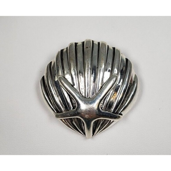 MJ Signed Vintage Starfish Shell Brooch Pendant Pin Silver Domed Beach Sea Clam - Picture 3 of 10